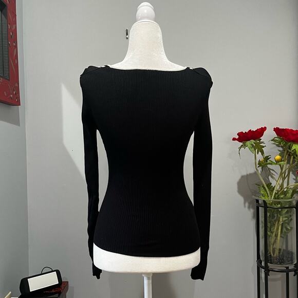 NEW Bebe Ruched Striped Plunge V-Neck Two Tone Fitted Long Sleeve Sweater S NWOT - Picture 4 of 15